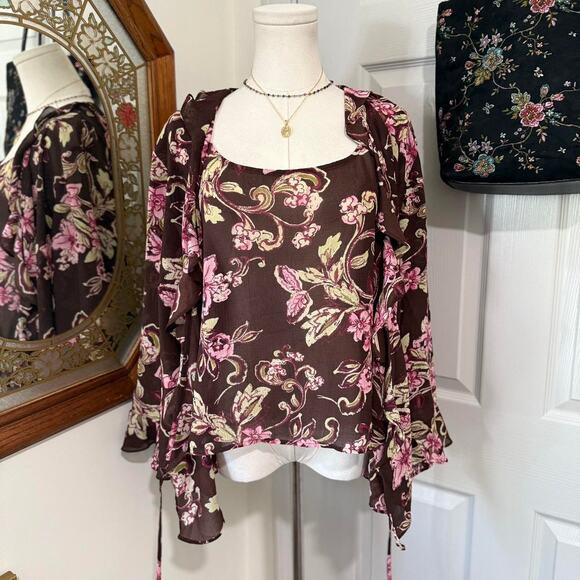 VTG Y2K Emma James Sheer Dark Brown Pink Floral Ruffled Bell Sleeve Wrap Top Set - Picture 6 of 8